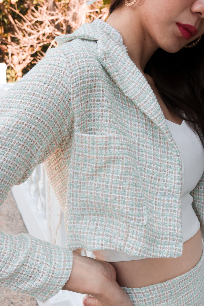 
                  
                    Load image into Gallery viewer, *PREMIUM* Jeanlia Tweed Jacket in Mint - Self Manufactured by LBRLABEL
                  
                