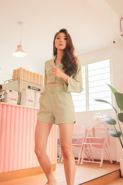 * PREMIUM * - Edelia Belted Highwaisted Shorts in Sage - Self Manufactured by LBRLABEL