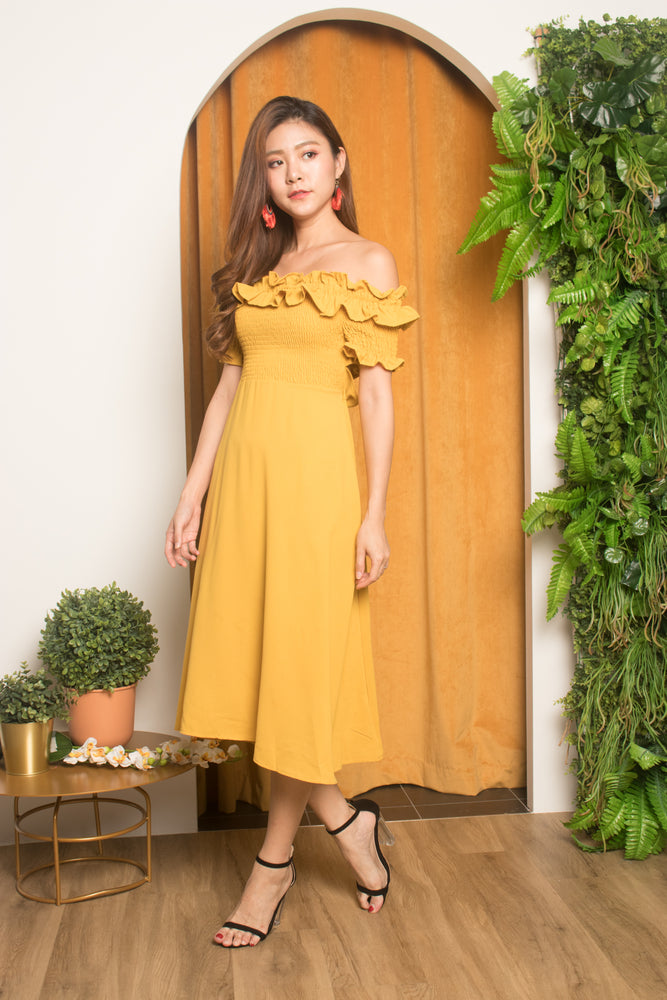 
                  
                    Load image into Gallery viewer, Jia Ruffled Off Shoulder Dress in Mustard
                  
                