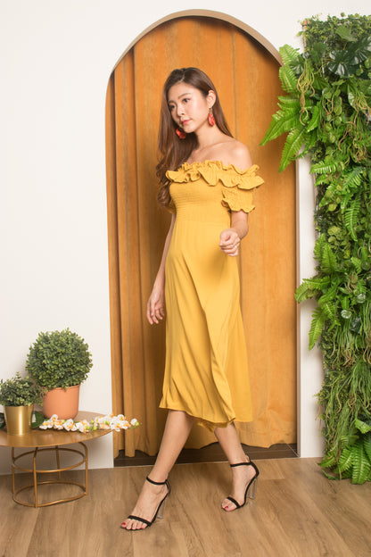 Jia Ruffled Off Shoulder Dress in Mustard