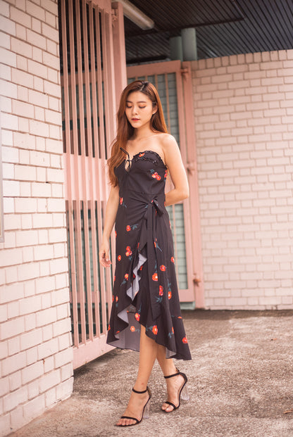 * LUXE * Millin Printed Cherry Dress in Black