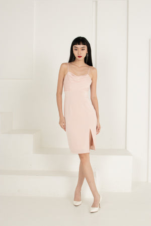 
                  
                    Load image into Gallery viewer, Kealia Cowl Neck Satin Dress in Pale Pink
                  
                