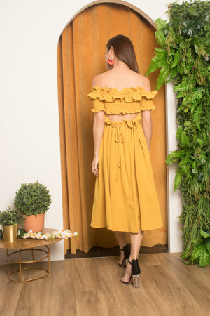 
                  
                    Load image into Gallery viewer, Jia Ruffled Off Shoulder Dress in Mustard
                  
                