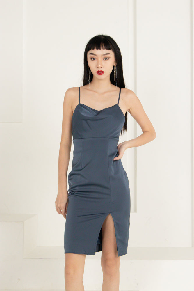 
                  
                    Load image into Gallery viewer, Kealia Cowl Neck Satin Dress in Dusty Blue
                  
                