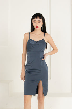 
                  
                    Load image into Gallery viewer, Kealia Cowl Neck Satin Dress in Dusty Blue
                  
                