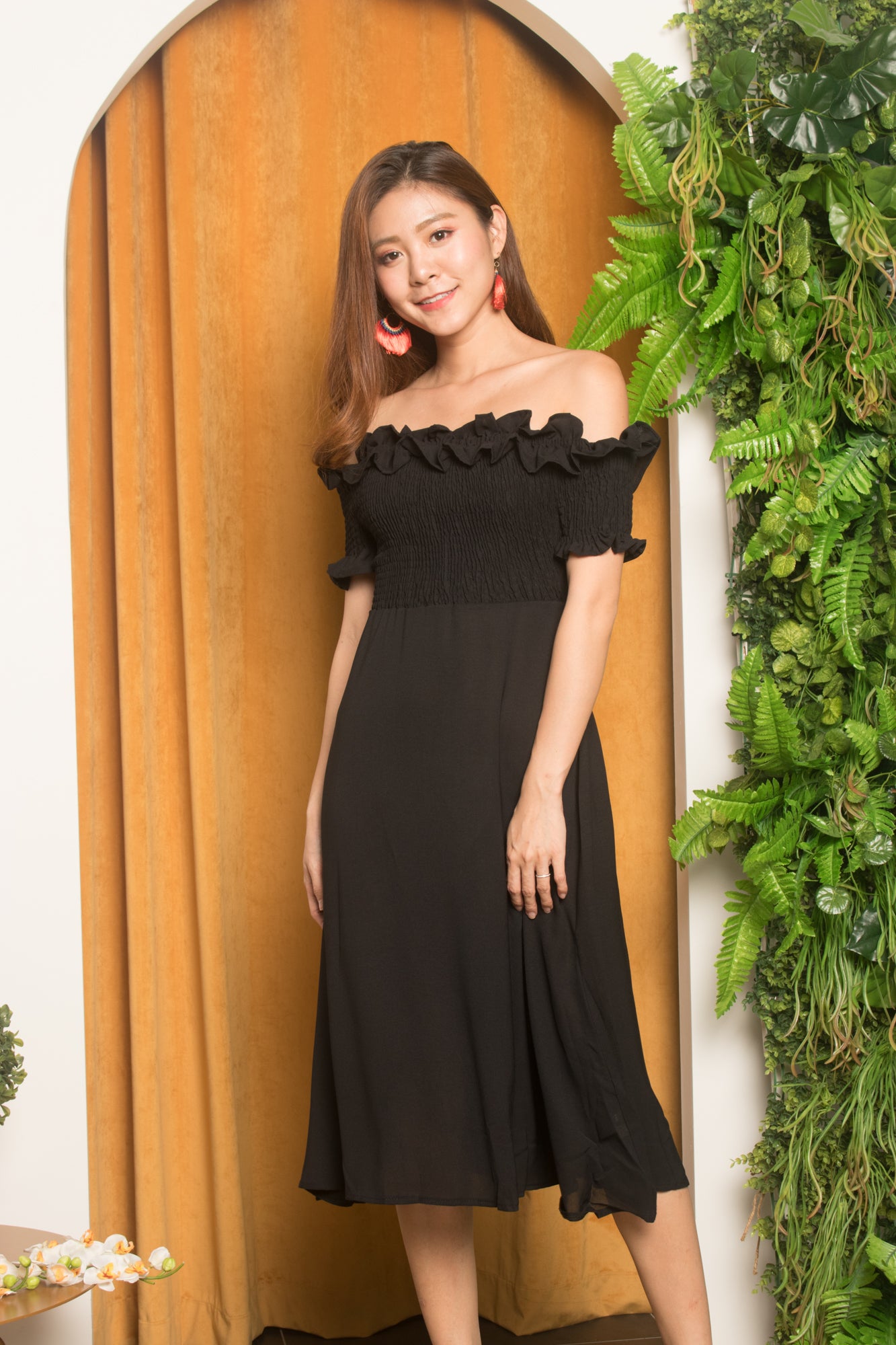Jia Ruffled Off Shoulder Dress in Black
