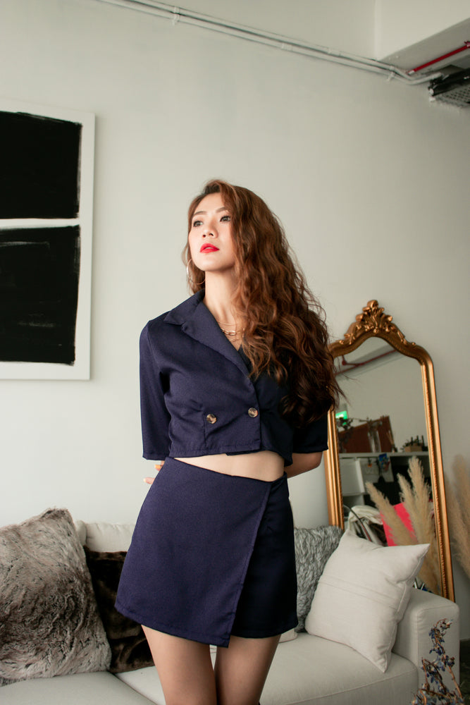 
                  
                    Load image into Gallery viewer, Dreylia Button Cropped Blazer in Navy
                  
                