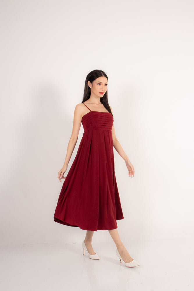 
                  
                    Load image into Gallery viewer, Euylia Pleated Midi Dress in Burgundy
                  
                