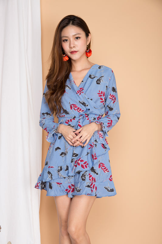 Amaris Printed Wrapped Dress in Blue