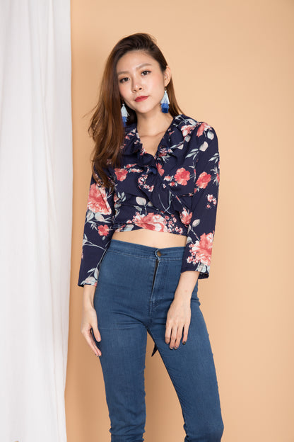 Avery Floral Flutter Top in Navy