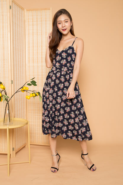 Nora Floral Ribbon Back Dress in Navy