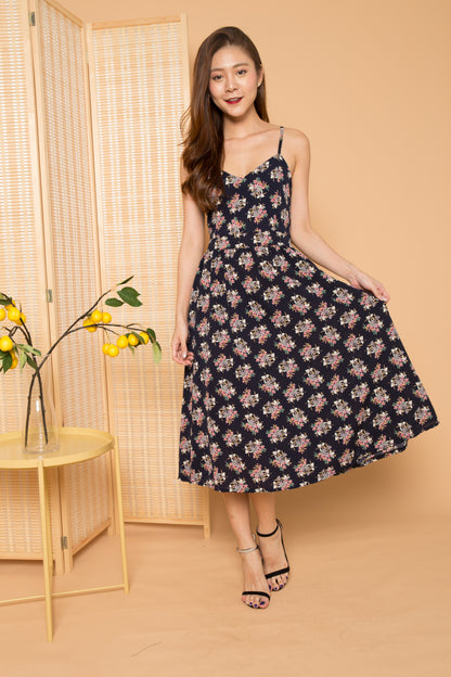 Nora Floral Ribbon Back Dress in Navy