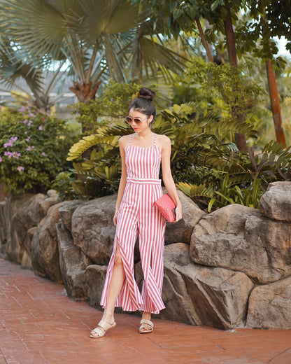* PREMIUM* Ailia Stripes Jumpsuit in Redish Pink - SELF MANUFACTURED BY LBRLABEL